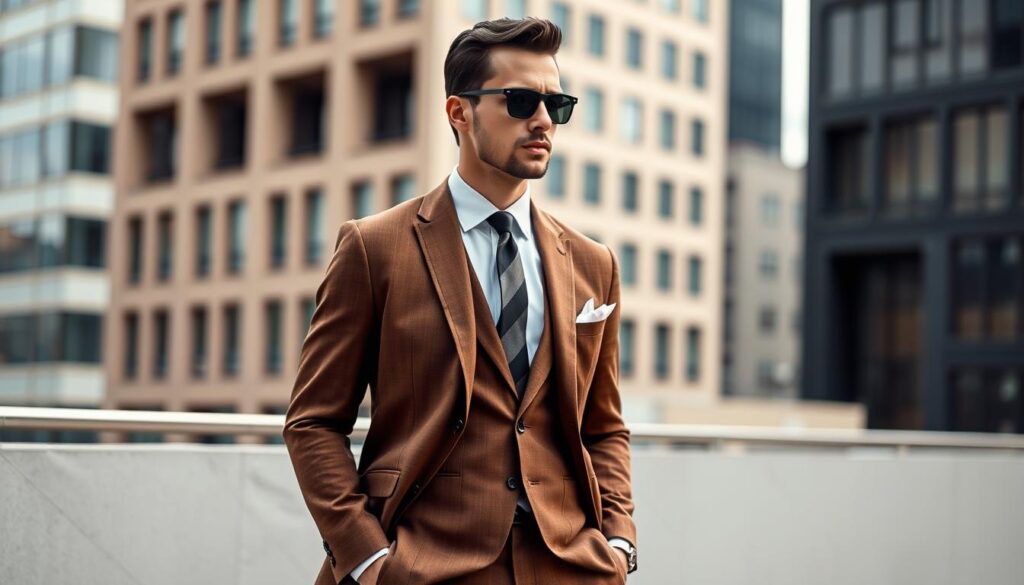 A dapper man in a tailored brown suit, standing confidently against a sophisticated urban backdrop