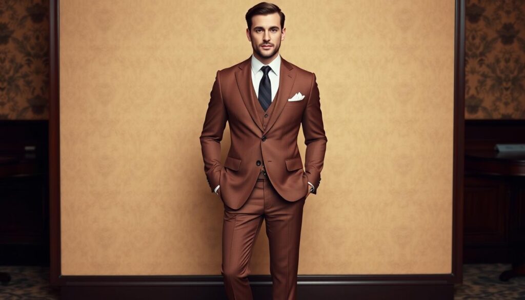 An elegant man in a perfectly tailored brown suit, showcasing a slim fit with sharp lapels