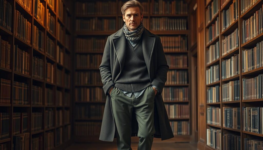 Well-dressed man in long coat and scarf stands confidently in library aisle surrounded by bookshelves.