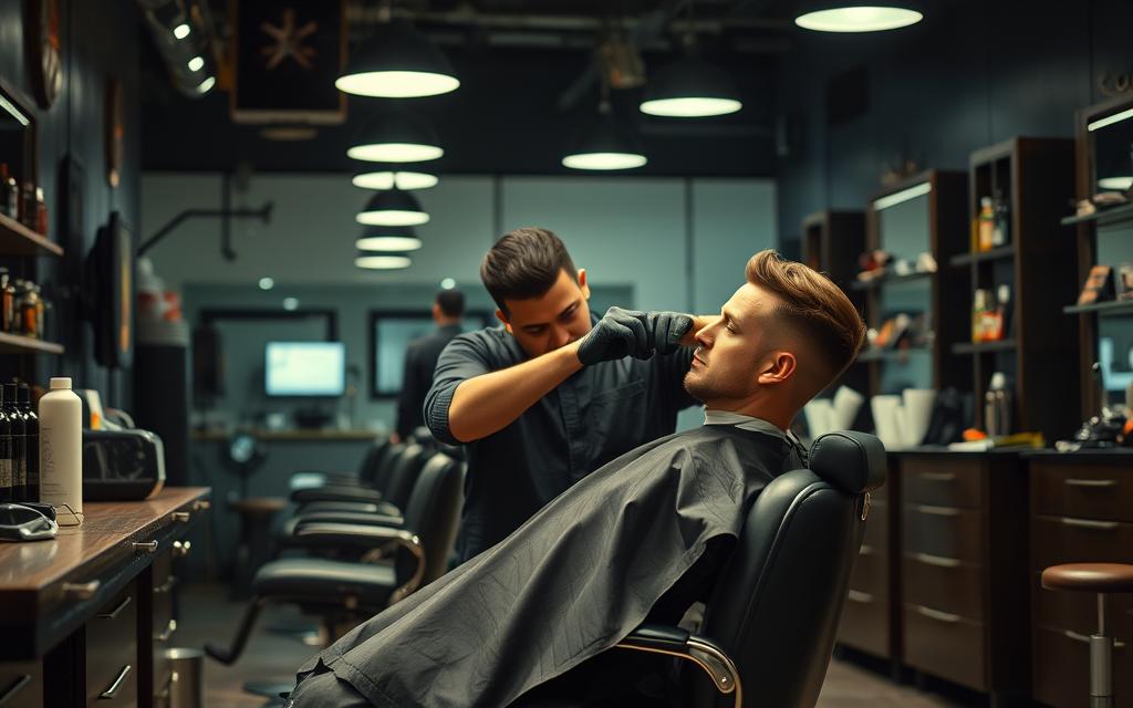 Modern barbershop interior featuring a skilled barber giving a clean buzz cut to a man in a stylish chair, surrounded by professional hair cutting tools and an atmosphere of precision and style