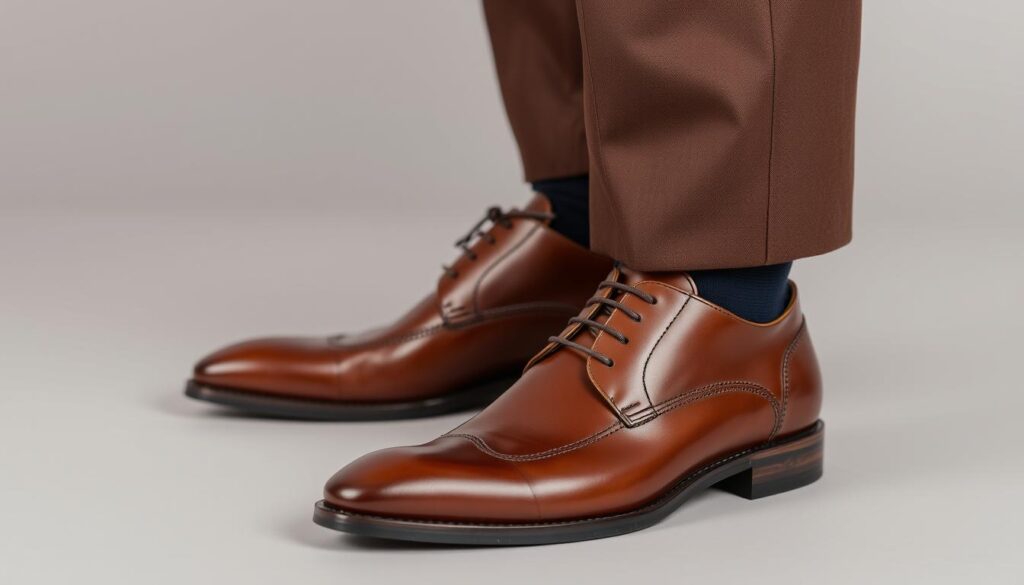 Elegant brown leather shoes in a polished finish, paired with a stylish brown suit, set against a neutral backdrop that accentuates the sophistication of the ensemble