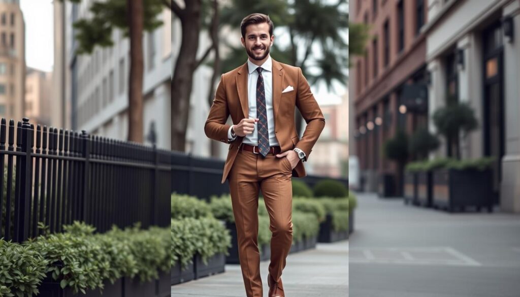 A dapper man in a stylish brown suit, standing confidently on a city street, showcasing different outfit details such as a crisp white shirt and a vibrant tie