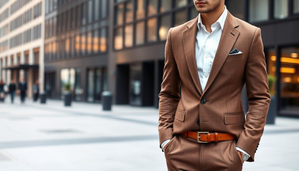 A stylish brown suit for men, elegantly tailored with a modern cut, set against a sophisticated urban backdrop