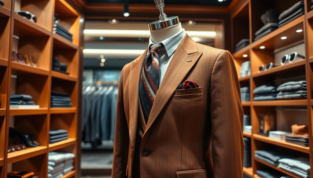 A stylish brown suit displayed on a mannequin in an upscale men's clothing store