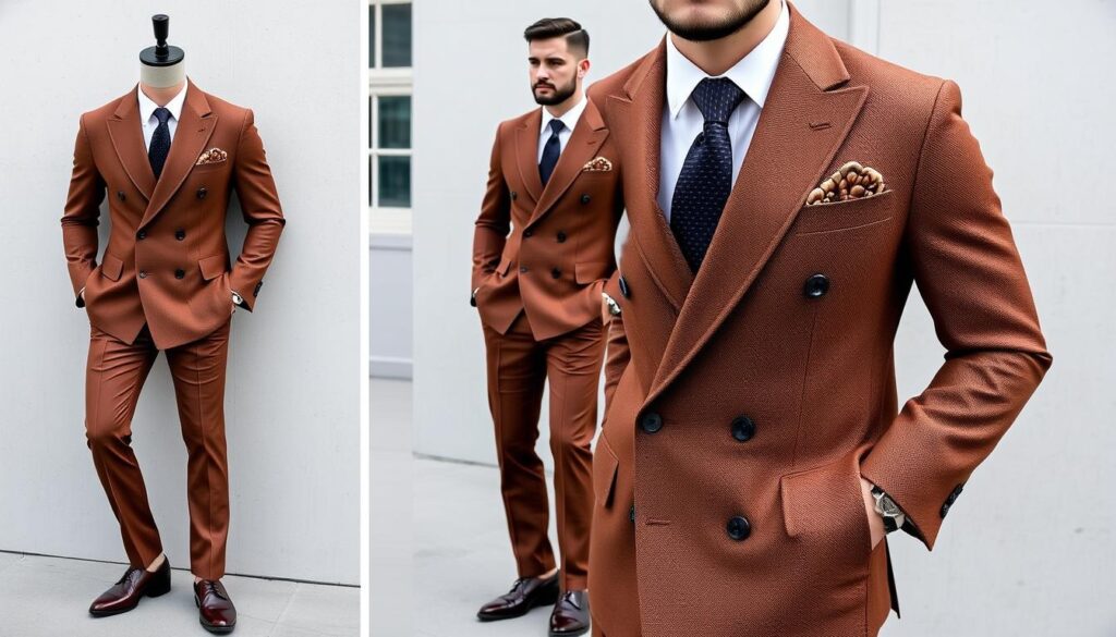 A fashionable brown suit for men, featuring a tailored silhouette with a slim-fit cut, showcasing modern design elements like sharp lapels and a double-breasted style,