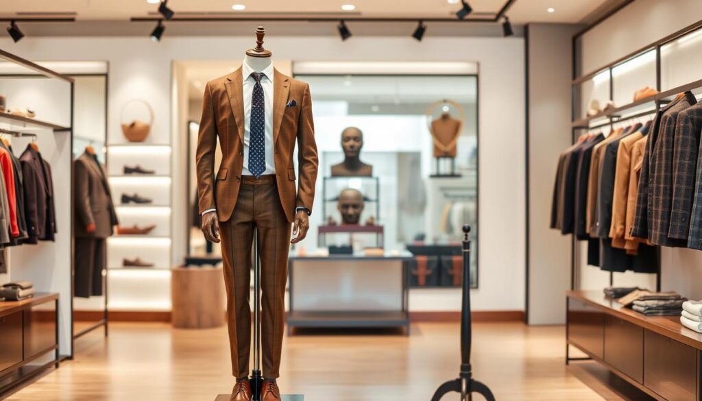 A stylish brown suit displayed on a mannequin in a modern boutique