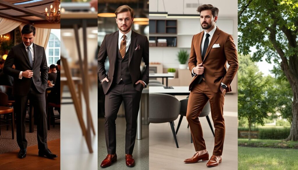 A stylish brown suit for men displayed in various settings, showcasing versatility