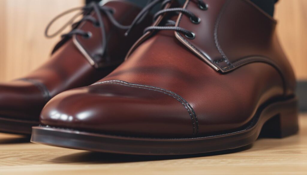 A close-up view of polished leather shoes, highlighting their rich texture and glossy finish, set against an elegant wooden background with soft lighting that accentuates the curves and details of the shoes.