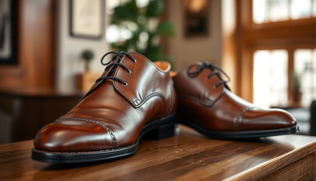 A pair of elegant leather shoes displayed on a wooden surface, showcasing their rich texture and polished finish, with soft natural lighting