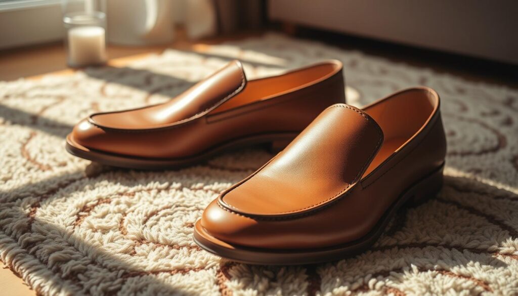 Luxurious, soft leather shoes resting on a cozy rug, with warm sunlight casting gentle shadows, showcasing their smooth texture and stylish design, surrounded by a tranquil and inviting setting