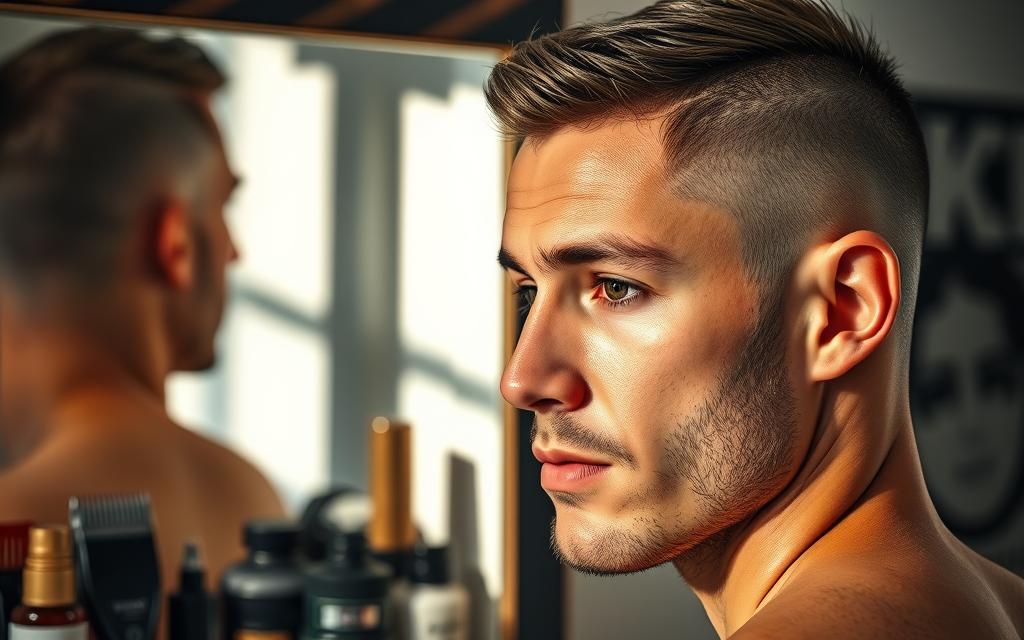 A close-up of a man with a stylish buzz cut, showcasing different hair textures and skin tones, standing in front of a mirror with various grooming tools like clippers, combs, and pomade