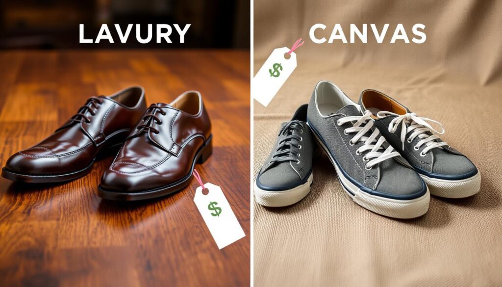 A split image showcasing leather shoes on one side and canvas shoes on the other, with contrasting backgrounds representing luxury and practicality.