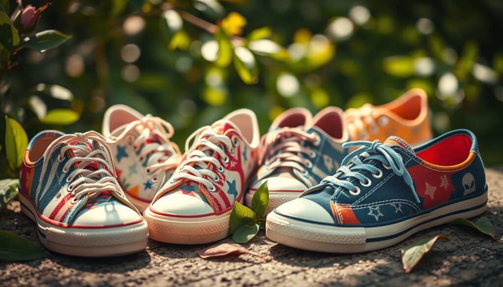 A vibrant scene showcasing various styles of canvas shoes arranged artistically on a textured surface, incorporating natural elements like leaves and sunlight