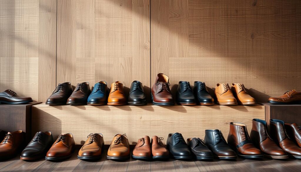 A beautifully arranged collection of various leather shoes, showcasing different styles such as oxfords, loafers, and ankle boots,