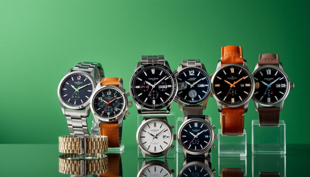 An elegant display of the latest men's watch trends, featuring a variety of styles including sporty chronographs, classic dress watches