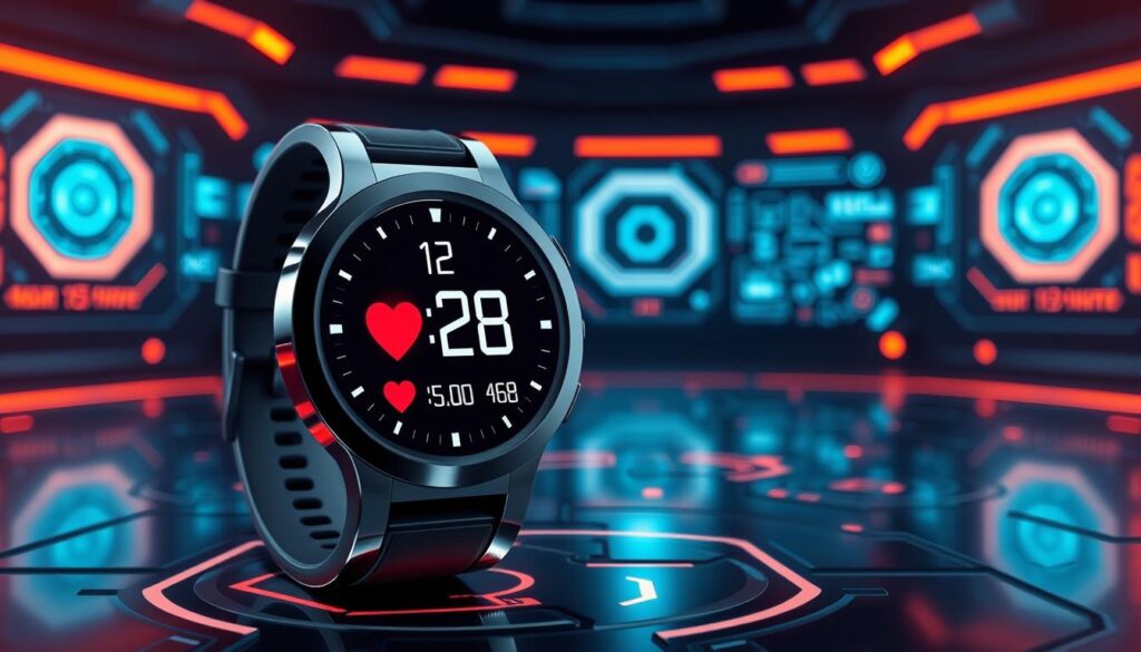 A sleek, modern digital watch displaying various functionalities like time, date, heart rate, and step coun