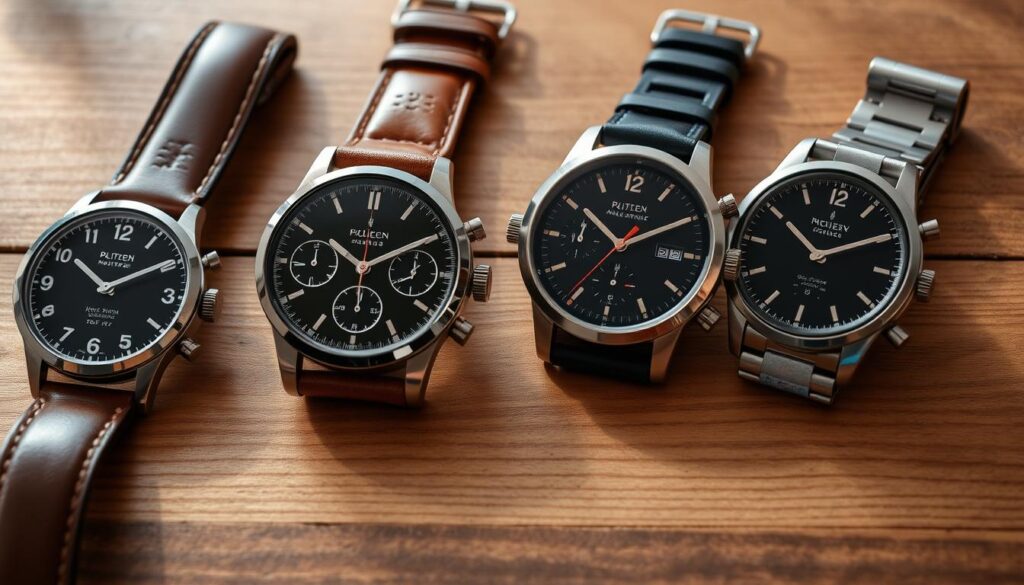 A collection of classic analog men's watches displayed on a wooden surface, featuring a variety of styles including a sleek dress watch with a leather strap