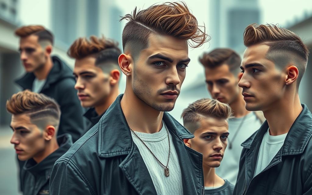 A stylish collection of various buzz cut hairstyles for men, showcasing different lengths and textures, featuring diverse male models in a modern urban setting