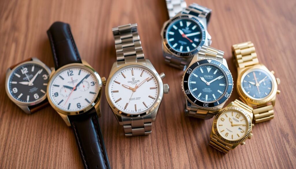 A collection of top men's watch designs showcasing various styles, including a classic leather strap watch, a modern stainless steel chronograph