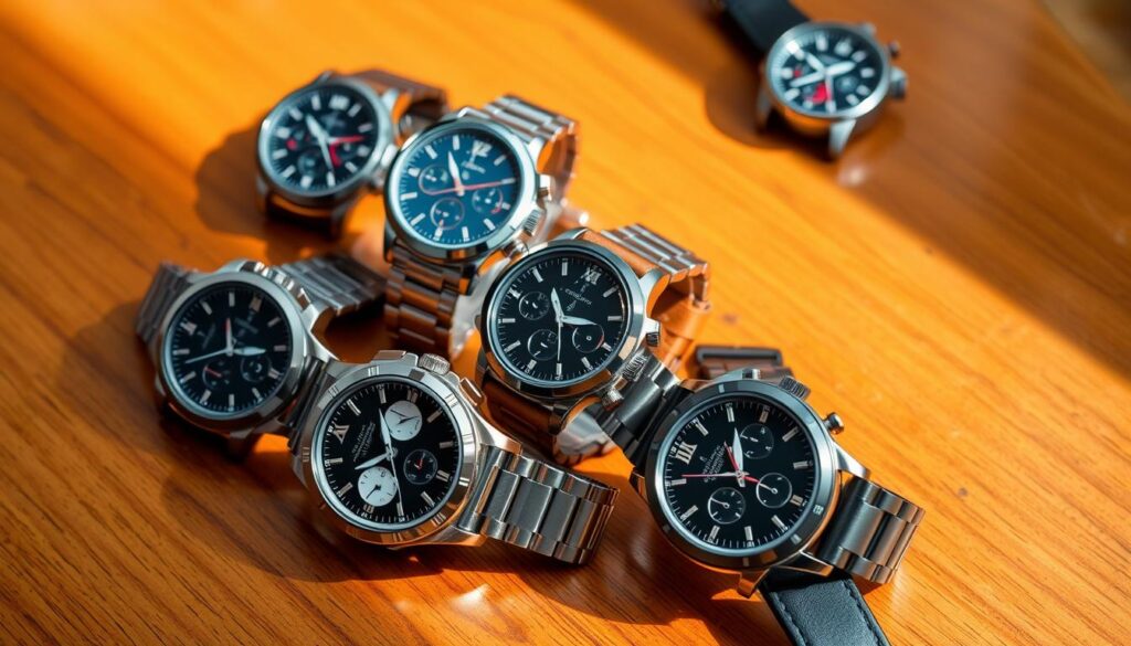 A collection of sleek hybrid watches displayed on a polished wooden surface, showcasing a variety of designs that blend traditional analog faces with modern digital features