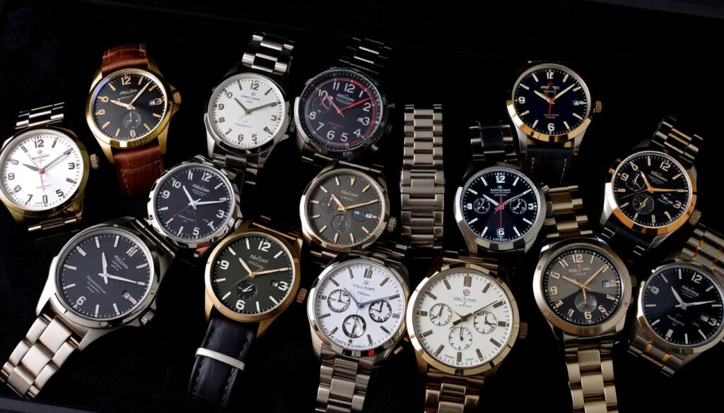 A collection of luxury men's watches displayed elegantly on a dark velvet surface, showcasing various styles such as classic mechanical