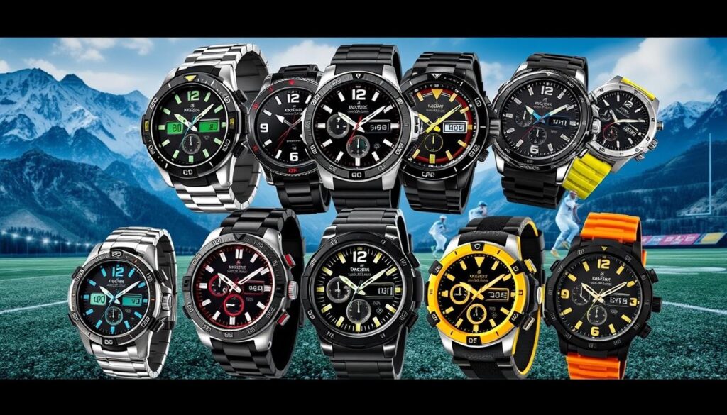 A dynamic display of various sport watches for men, showcasing a range of designs including digital and analog styles, rugged materials like stainless steel and rubber