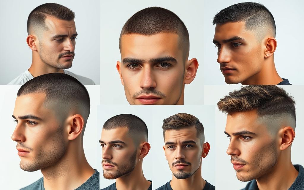 A collection of men's buzz cut hairstyles tailored to different face shapes, showcasing diverse male models with buzz cuts