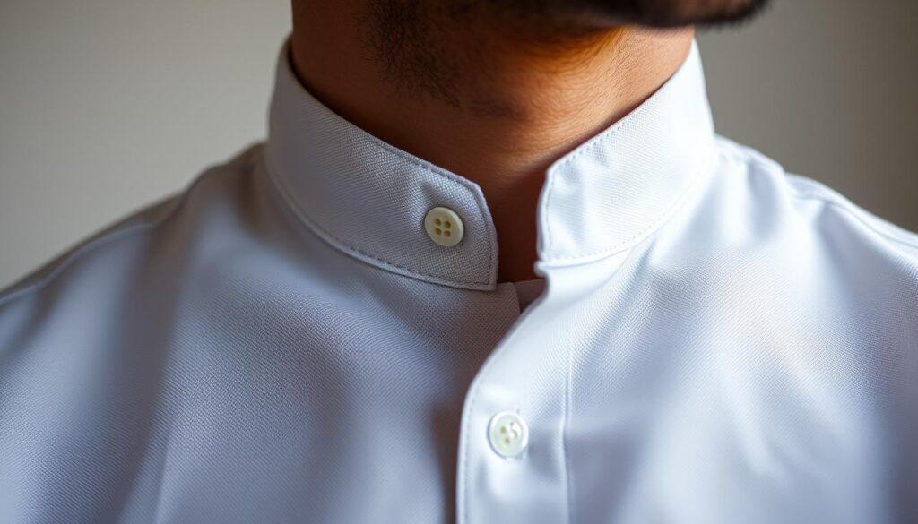 A close-up view of a stylish mandarin collar shirt featuring a covered button, showcasing the fabric texture and intricate details of the collar,