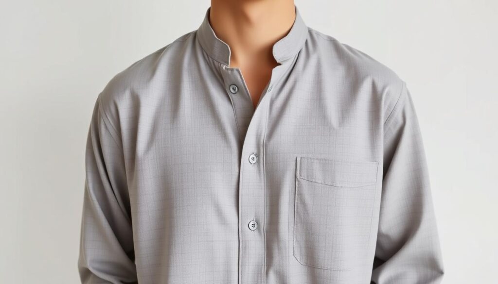 "Stylish mandarin collar shirt made from soft, breathable fabric, featuring covered buttons and a relaxed fit