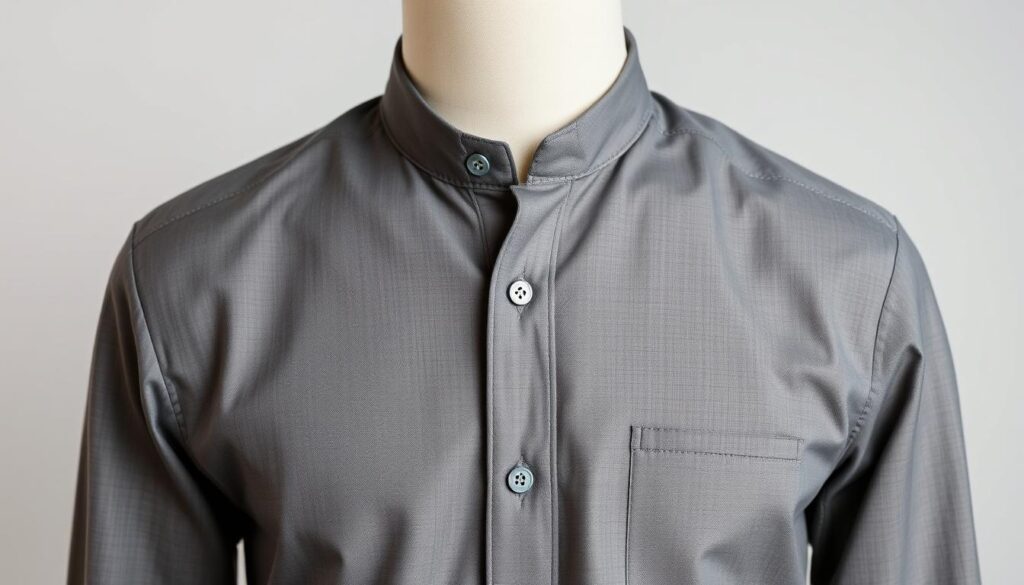 A stylish men's mandarin collar shirt featuring covered buttons, made from a lightweight fabric, displayed against a neutral background