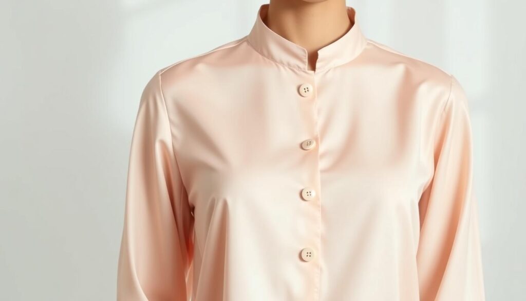 A stylish mandarin collar blouse, featuring a sleek and minimalist design, elegantly draping fabric, soft pastel colors