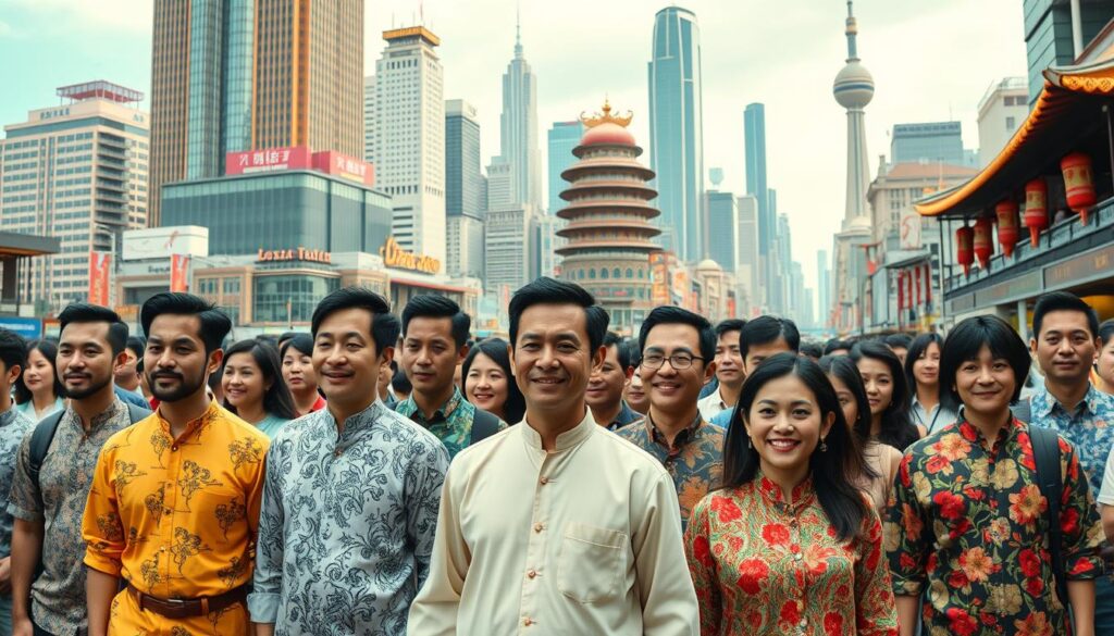 A vibrant scene depicting a diverse group of individuals wearing Mandarin collar shirts in a bustling urban setting,