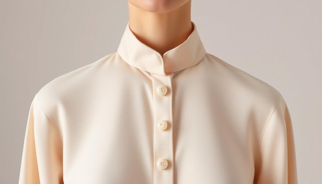 Elegant blouse with a Mandarin collar, featuring a unique covered button design, soft fabric texture, subtle color palette, minimalistic and chic aesthetic, studio lighting