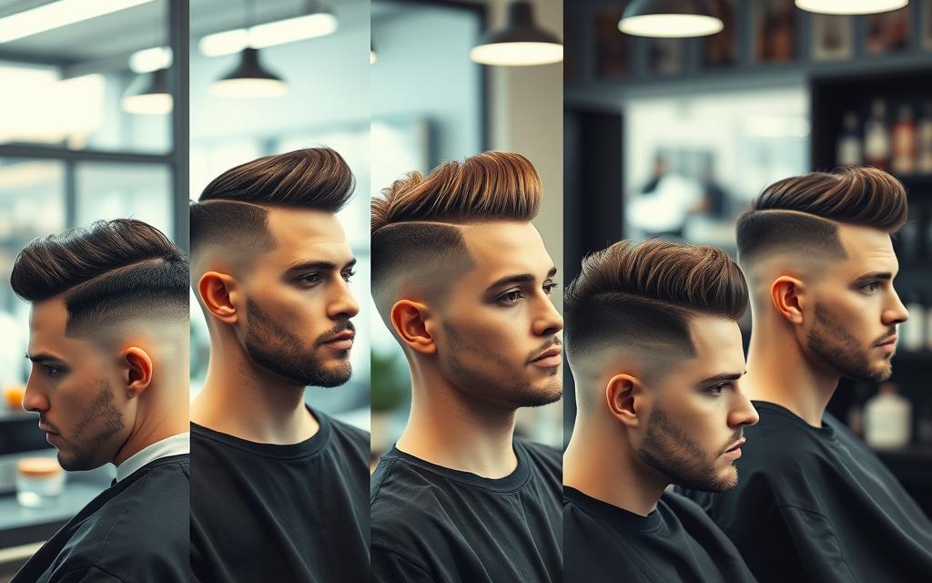 Modern buzz cut styles for men featuring diverse variations, showcasing clean lines and textures, a mix of faded sides with different lengths on top, contemporary grooming tools