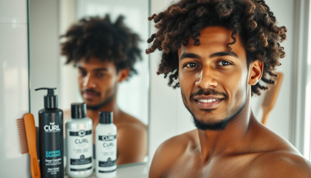 A stylish men's grooming scene featuring a man with natural curly hair. Show a modern bathroom setting with a variety of hair care products