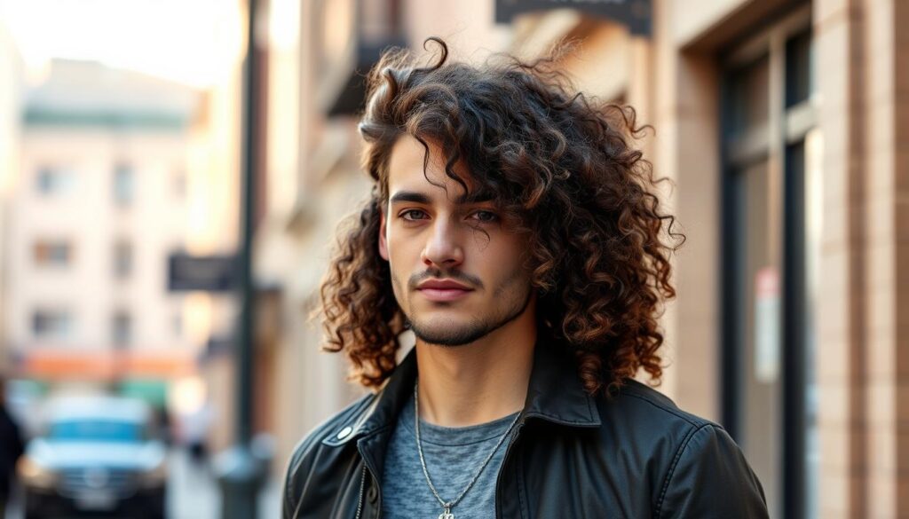 A stylish man with long, defined curly hair, standing confidently in an urban setting, showcasing a trendy outfit that complements his hairstyle