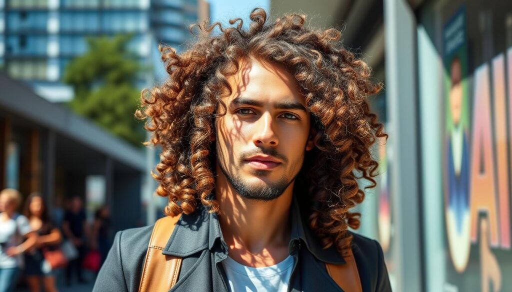 A stylish man with long, luscious curly hair, showcasing various textured curls and volume, standing confidently in a modern urban setting