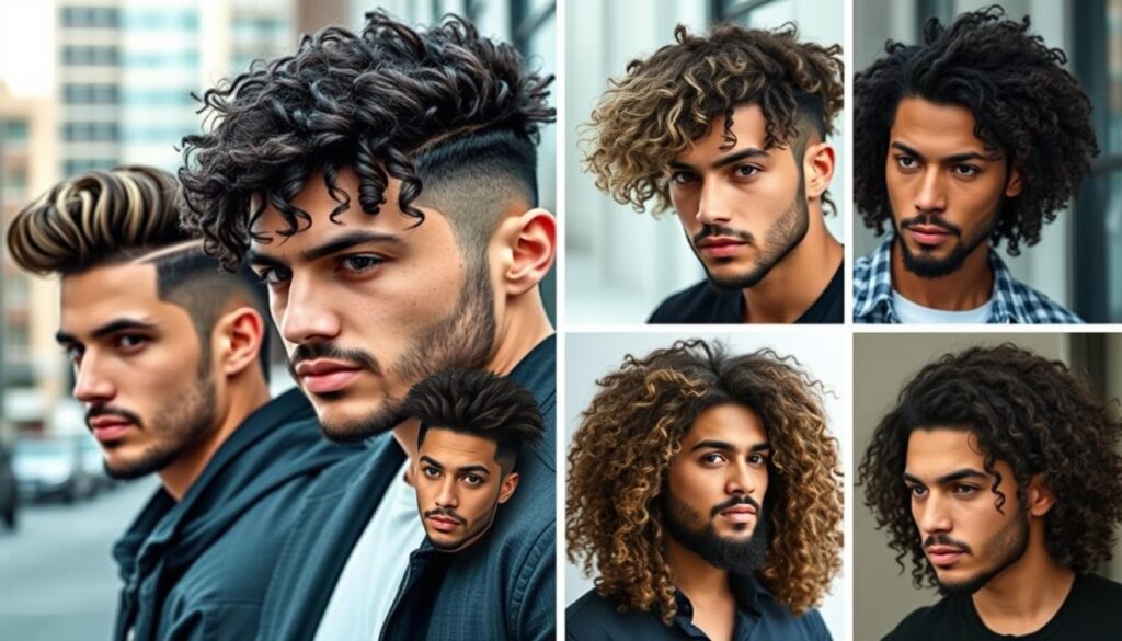 Stylish long curly hairstyles for men, showcasing diverse hair textures and lengths, modern and trendy looks, natural curls with volume and definition