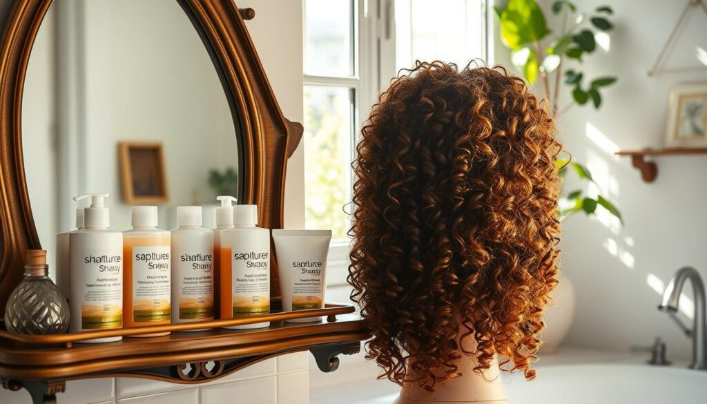 An elegant bathroom scene showcasing a variety of hair care products specifically designed for long curly hair