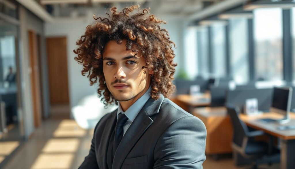 A stylish man with long, professionally styled curly hair, standing confidently in an office setting, wearing a tailored suit