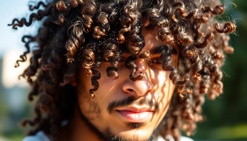 Close-up of a man with natural long curly hair, showcasing vibrant textures and volume, in a soft natural light setting