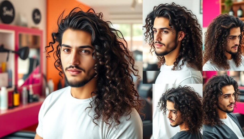 A stylish man with long, curly hair, showcasing various trendy hairstyles, surrounded by a vibrant salon setting