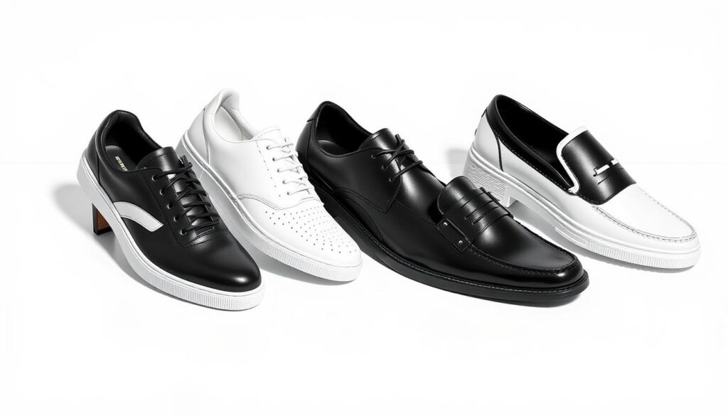 Stylish men's shoes featuring a striking black and white color scheme, showcasing a variety of designs such as sleek sneakers, classic dress shoes, and modern loafers