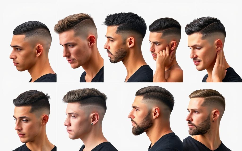 Modern buzz cut styles for men featuring diverse variations, showcasing clean lines and textures