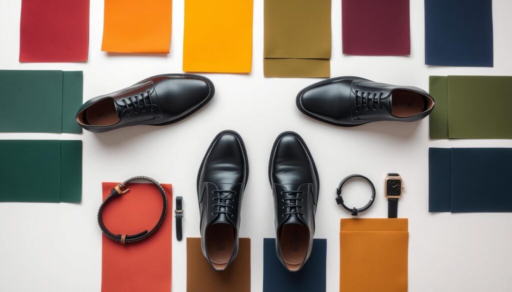 A stylish flat lay of black and white men's shoes surrounded by various color swatches, showcasing complementary colors