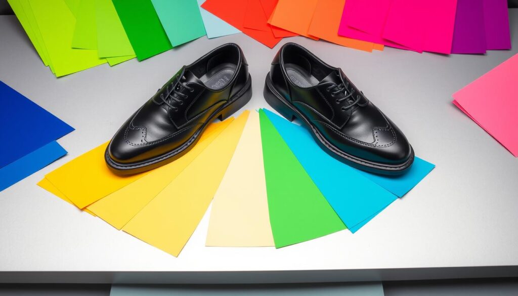 A stylish display of black and white men's shoes surrounded by vibrant color swatches, featuring shades like deep red, electric blue, emerald green, sunny yellow, and pastel pink on a sleek modern background