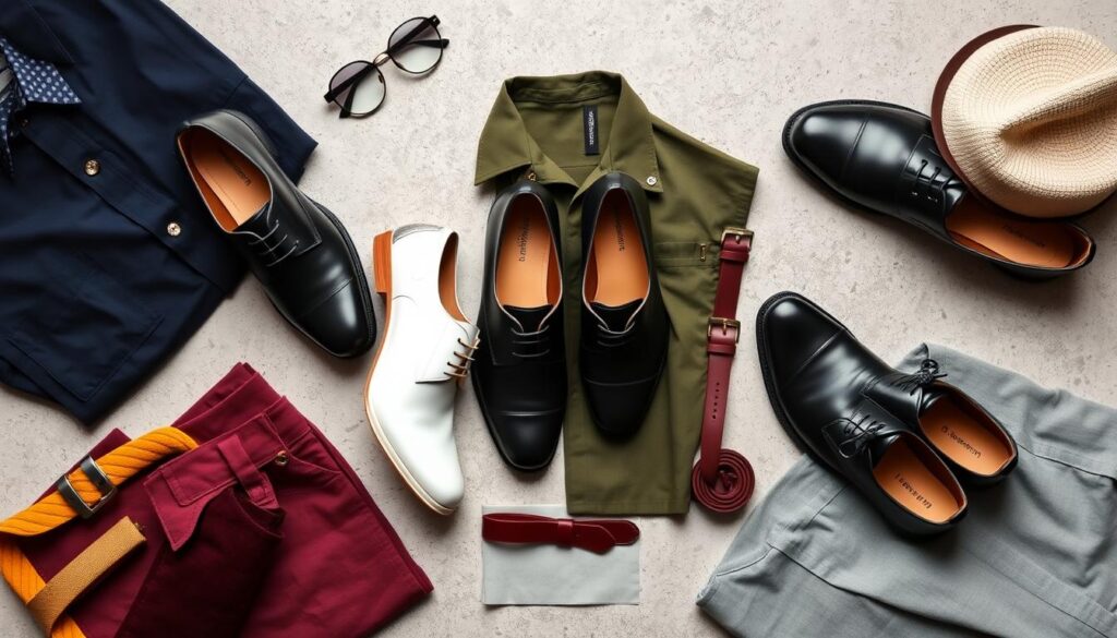 A stylish flat lay composition featuring black and white men's shoes, surrounded by outfits incorporating complementary colors