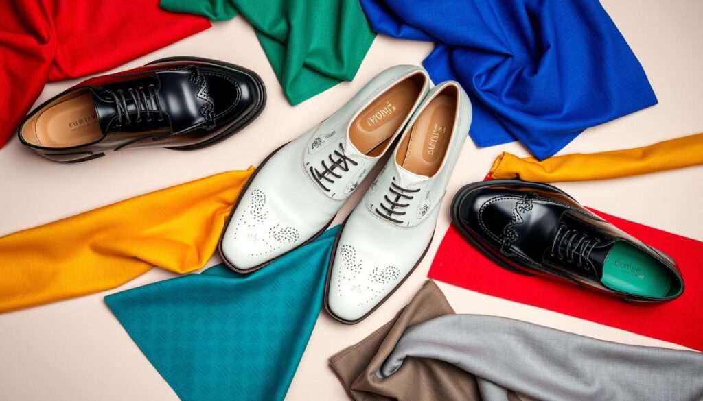 A stylish flat lay of men's black and white shoes surrounded by vibrant fabric swatches