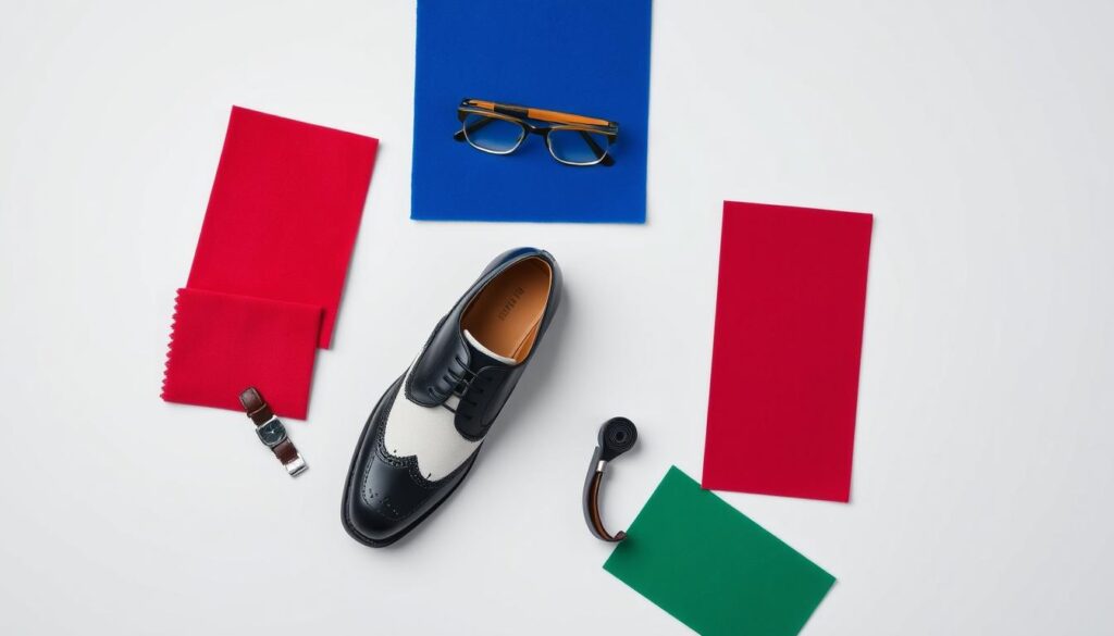 A stylish flat lay featuring a pair of black and white men's shoes surrounded by swatches of vibrant colors