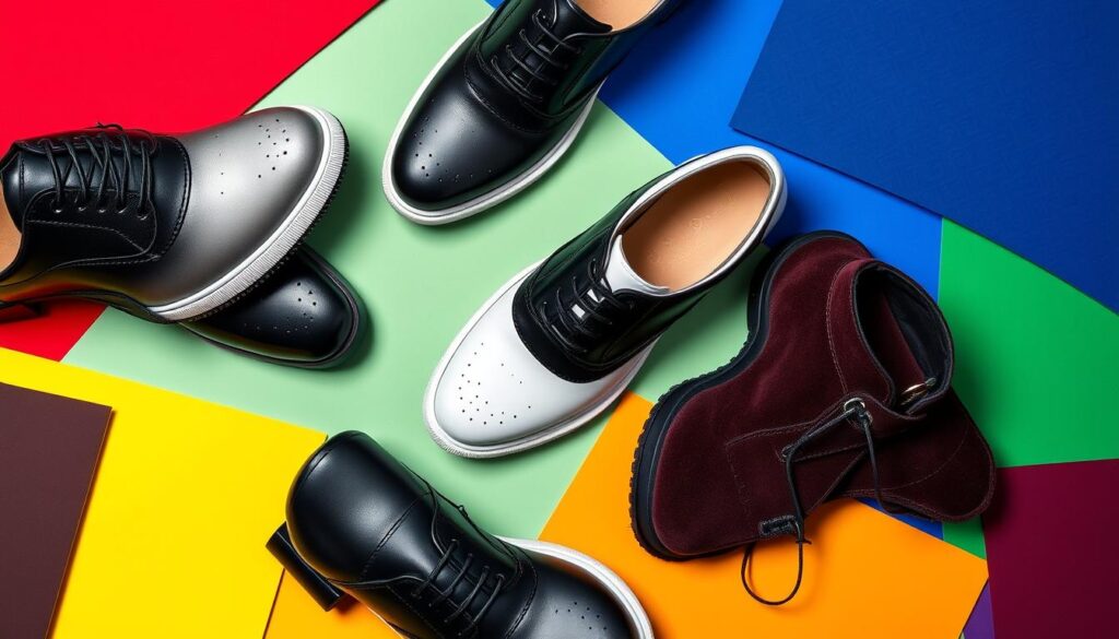 Stylish arrangement of black and white men's shoes surrounded by vibrant color swatches, incorporating deep red, electric blue, sunny yellow, forest green, and rich burgundy